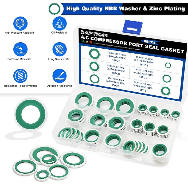 Daptemn 85PCS Air Conditioning Compressor Bonded Seal Washers Assortment Kit, 6 Sizes A/C System Compressor Port Gasket Repairs Universal Automotive Self-Centered Washers (ID: 8mm-17.5mm) (Green) - Image 4